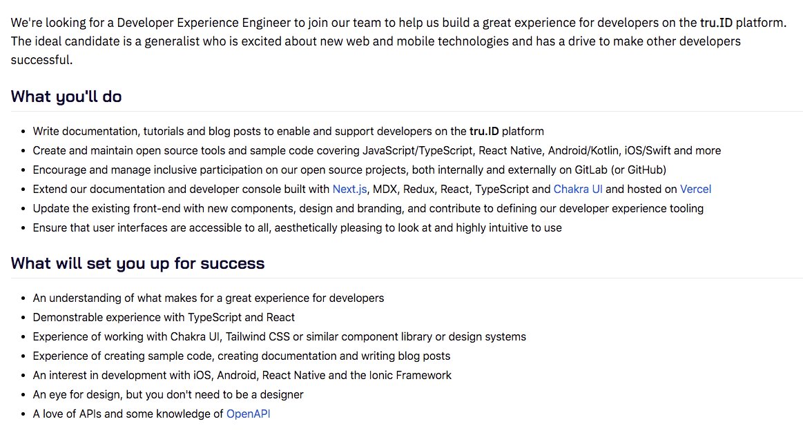 leggetter's tweet photo. I've just updated the job spec for our #DevX Engineer role to clarify focus, requirements and based on some feedback 🙏

The role could be of interest to an engineer looking to get into #DevRel or someone in DevRel looking to focus a bit more on the engineering side of things. https://t.co/jkTJKmcXfs