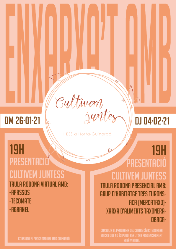 Recordeu...

📅 Dijous 4 de febrer
⏰ 19h.
🏠 Centre Civic Teixonera

👇👇👇

📢 Taula rodona:

EnXarxa: cultivem juntESS.
2° sessió de presentació del mapa de moviments socials i economies alternatives d'Horta-Guinardó.

Sala virtual:
meet.jit.si/enxarxacultive…