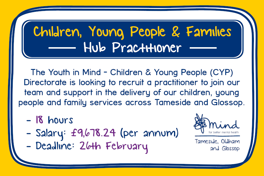 TOGMind's tweet photo. We're recruiting!

At the moment we're looking for someone to join our Children, Young People, and Families (CYPF) team as a Hub Practitioner - to support in the delivery of our services across Tameside and Glossop.

Learn more about this role and apply:
https://t.co/EUYd9Pzwdp https://t.co/LxaLE0efQK