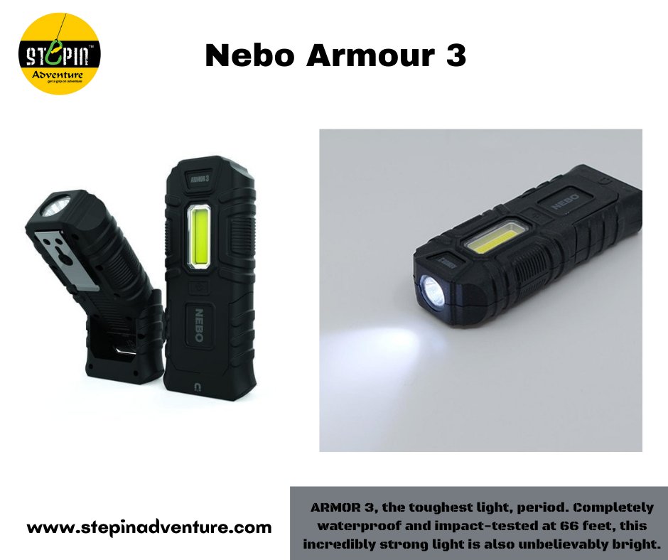 StepinAdventure's tweet photo. ARMOR 3, the toughest light, period. Completely waterproof and impact-tested at 66 feet, this incredibly strong light is also unbelievably bright.
https://t.co/TbQMuiFIvh
#nebotorch #nebo #neboflashlight #safety #flashlight #magneticflashlight #safetyfirst #keepthemsafe https://t.co/HHXJYYBohS