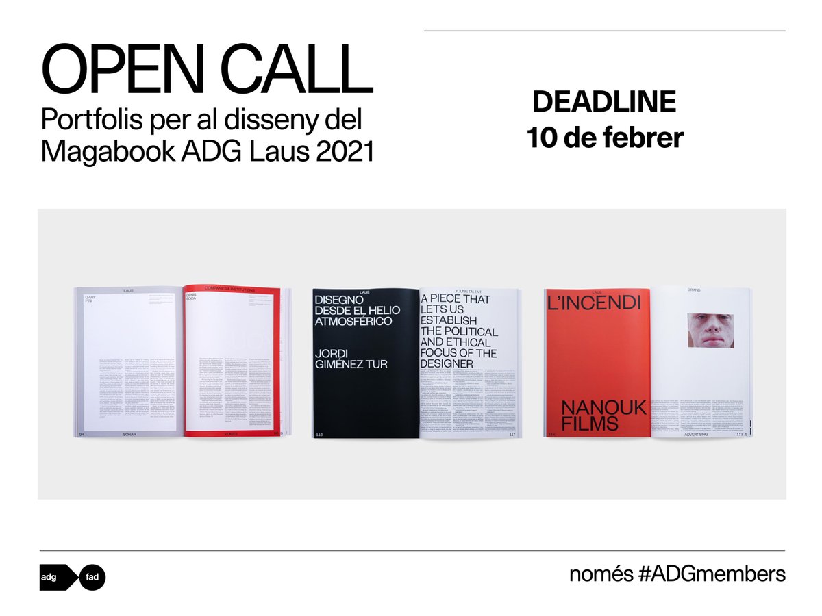 fadbarcelona's tweet photo. Vols dissenyar el #Magabook dels #ADGLaus21 d'@adgfad? Oberta la convocatòria per al disseny d’aquest baròmetre anual de la creativitat espanyola. Si ets #ADGmember i t’interessa, envia portfoli! Tens fins al 10/02 👉🏼 https://t.co/SHN5YeIYaT https://t.co/G1RzfUEus0