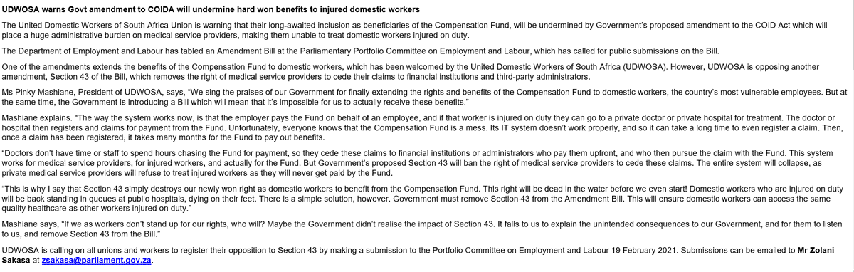 The United Domestic Workers of SA Union is warning that their long-awaited inclusion as beneficiaries of the Compensation Fund, will be undermined by Government’s proposed amendment to the COID Act which will place a huge administrative burden on medical service providers.

#IWAG