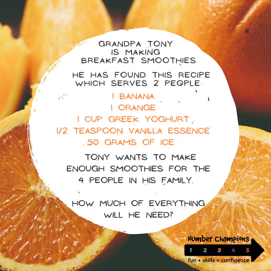 NumberChampions's tweet photo. We've been having fun creating #maths questions with food recipes. Maybe your child knows the answer...
#numeracy #mathsisfun #mathisfun #primaryschool #kidsactivities #homelearning #learningfromhome #smoothiesforkids #tonyscontinental #multiply https://t.co/zOTsjRipQF