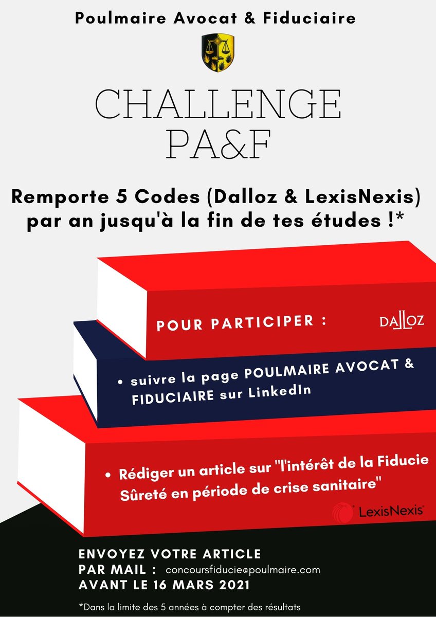 Sensible aux difficultés rencontrées actuellement par les étudiants, <a href="/Poulmaire_AF/">Poulmaire Gestion Fiduciaire</a>  propose aux étudiants en droit un challenge permettant à 5 d’entre eux de se voir offrir 5 codes de leur choix chaque année, et ce, jusqu’à la fin de leur scolarité ! #PAF #challenge #etudiants