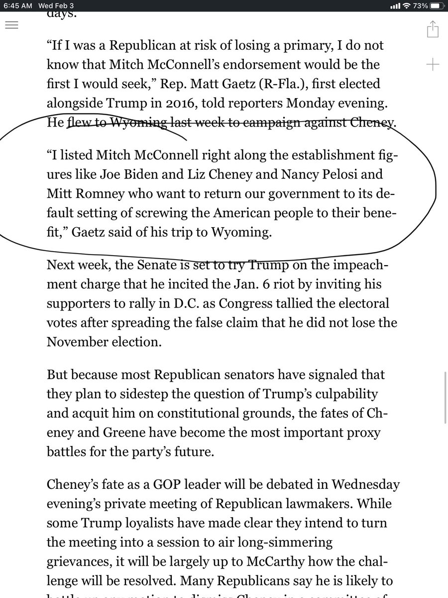 This is a separate point but I find it interesting that Gaetz, like Roy Moore did In his failed Senate campaign, disses McConnell. What are their actual policy differences? MM supported taking health care away from millions, a tax cut for the rich, conservative judges, etc. /5