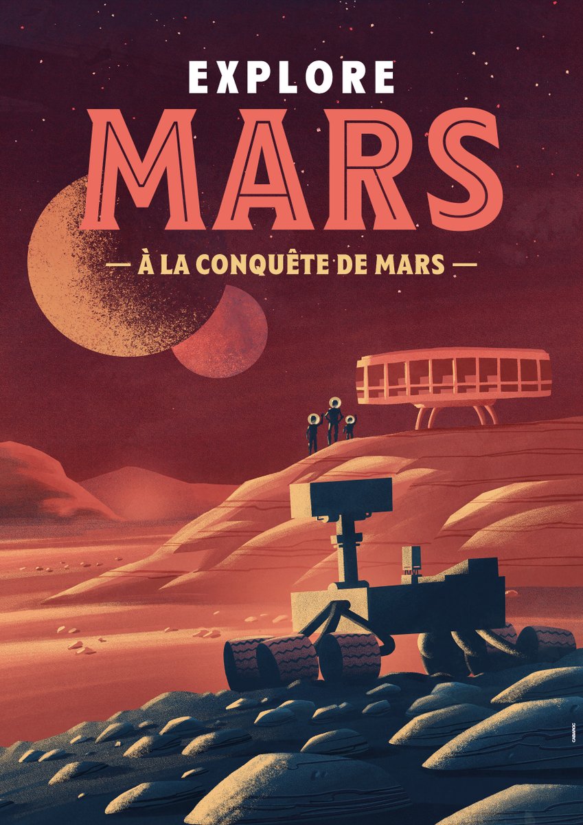 Cabaroc's tweet photo. J’ai eu le plaisir de réaliser le visuel générique et l'affiche de l’expo Explore Mars pour @RotondeSciences Pour cette fois j’ai décidé de sortir de mes habituelles illustrations vectorielles. https://t.co/5hw2oq40os