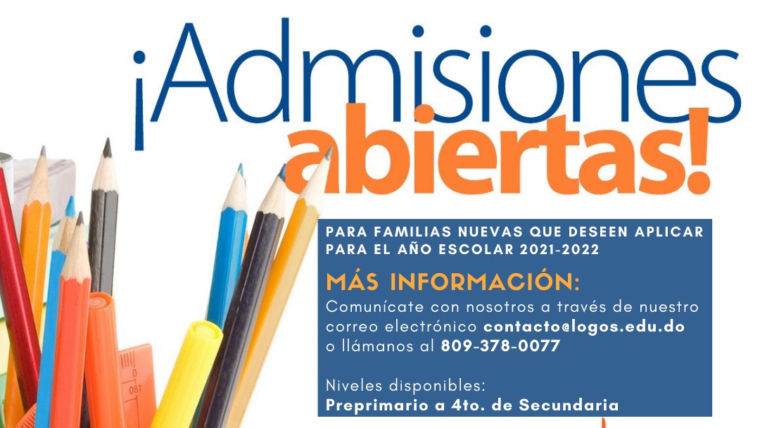 ¿Estás interesado en nuestra comunidad? Las admisiones para el año escolar 2021-2022 ya están abiertas!
.
Escríbenos a contacto@logos.edu.do o llámanos al 809-378-0077
.
¡Te esperamos!
.
#cclogos
#Añoescolar20212022
#35aniversario
#modalidadvirtual
#admisiones