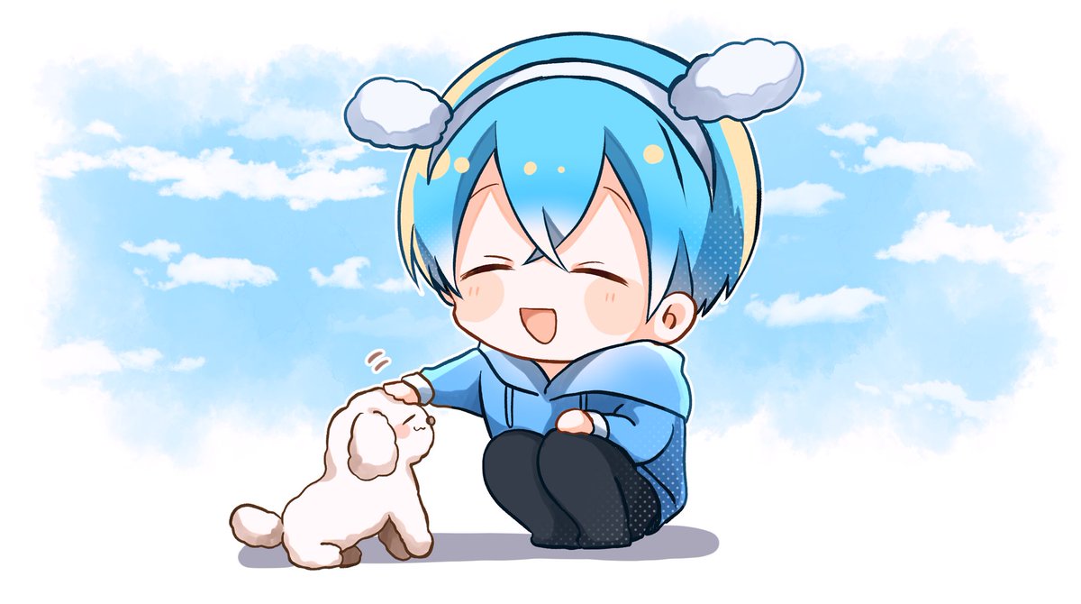 dog 1boy petting blue hair hoodie male focus closed eyes  illustration images