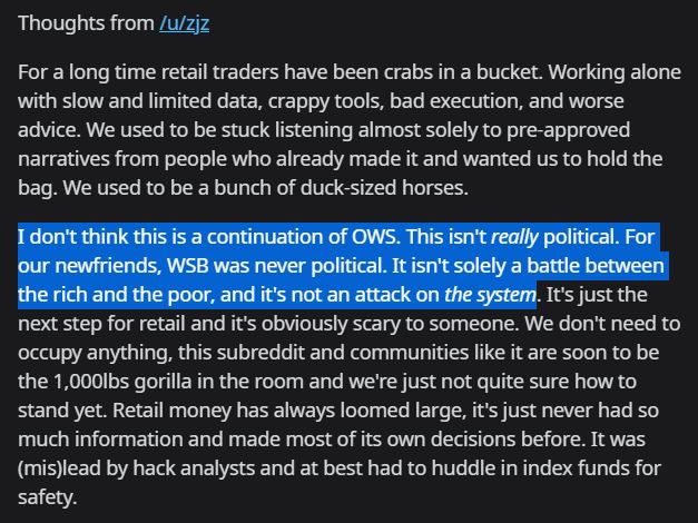 Also worth reading this WSB post from last night, where the board mods put up a note saying their agenda is not about politics and not about some attack on the system  https://www.reddit.com/r/wallstreetbets/comments/lbcruc/wallstreetbets_state_of_the_union/