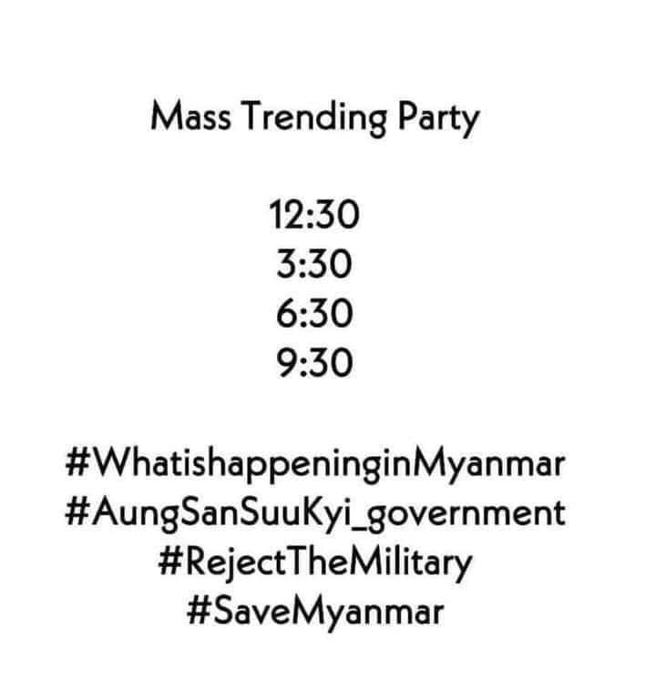 Twitterဖွင့်ထားကြသူများ 9:30 mass trending ရှိပါ့မယ် 
ခုတင်ထားတာကိုlikeလုပ်ပြီး retweet ပါ။
အသစ်ဖွင့်ထားသူများ Followerနည်း​နေလျှင် Replyသွားကြပါ ပါဝင်သူများ အချင်းချင်း follow​ပေးခြင်းဖြင့် ကူညီရ​အောင် !
Follow my Acc ! I will follow back u💖#SaveMyanmar #RejectTheMilitary