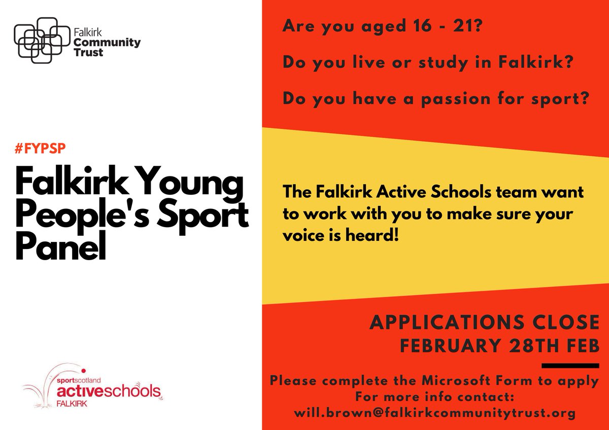 🚨 APPLICATIONS OPEN | Falkirk Young People's Sport Panel

You can now apply to be part of the first ever Falkirk YPSP! 💪

Are you aged 16-21, live or study in Falkirk and have a passion for sport... apply here:

sway.office.com/EMG4g0OmFcDAlo…

<a href="/sportscotland/">sportscotland</a> @FCTrust <a href="/falkirkcouncil/">Falkirk Council</a>