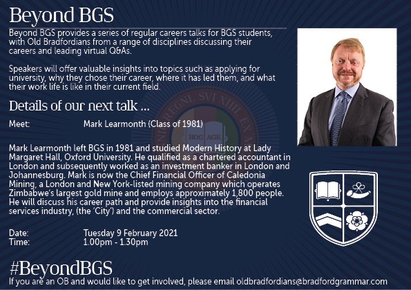 BGS_OBs's tweet photo. We look forward to virtually welcoming OB Mark Learmonth (1981) @CaledoniaMining back to @BradfordGrammar next week to deliver our next #BeyondBGS #CareersTalk. 

Fancy delivering a future talk? Get in touch >> oldbradfordians@bradfordgrammar.com.

@BGSCareers #BGSfamily https://t.co/IiKf7LjE4W
