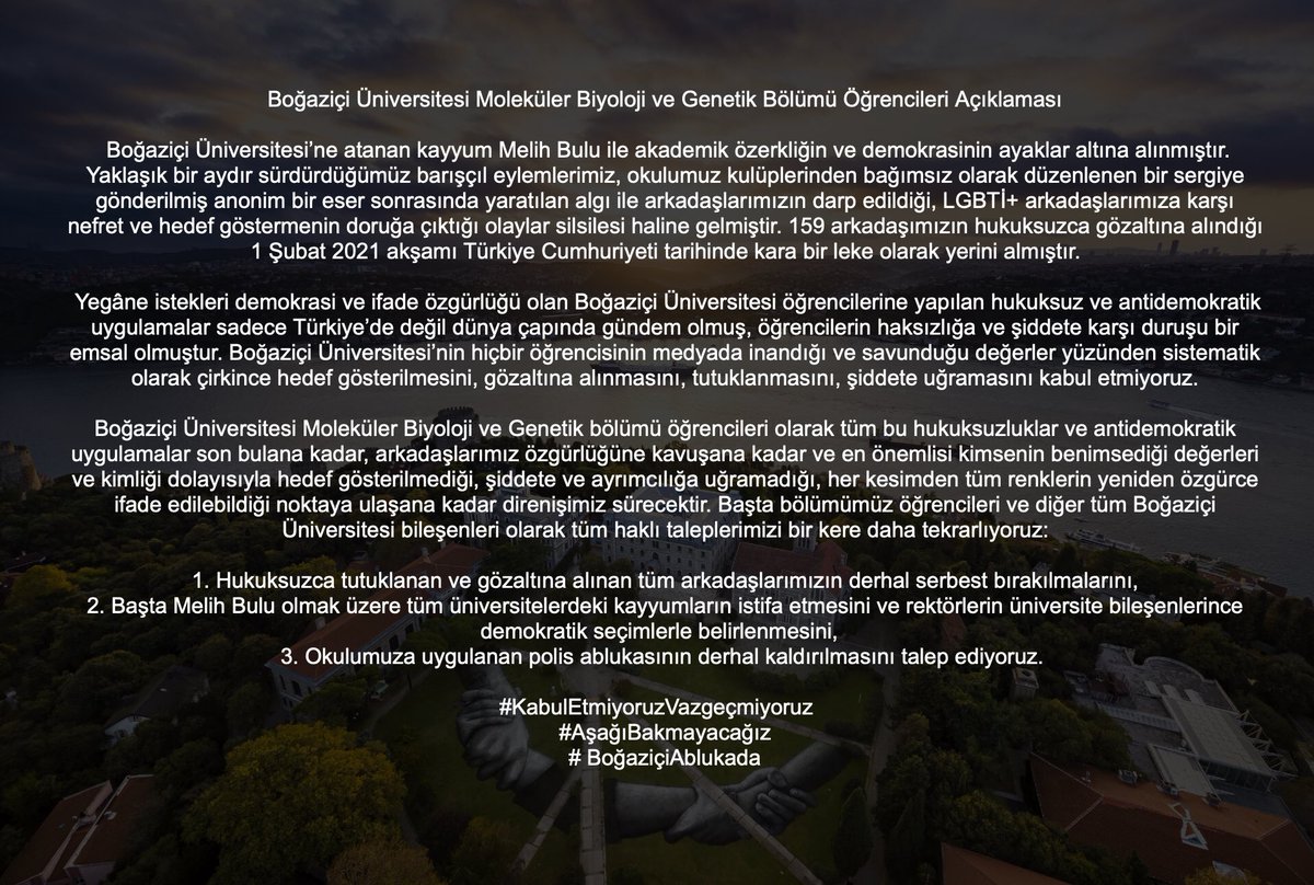 Boğaziçi Üniversitesi Moleküler Biyoloji ve Genetik bölümü öğrencilerinin açıklaması #HerYerBoğaziçiHerYerDireniş