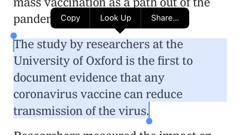 I am a little confused by this  @nytimes reporting by  @MarcSantoraNYT and  @RebeccaDRobbins on the new AZD1222 data. First of all, the claim that this data is the “first” to document evidence that a COVID vaccine can result in a reduction in transmission seems to be wrong.