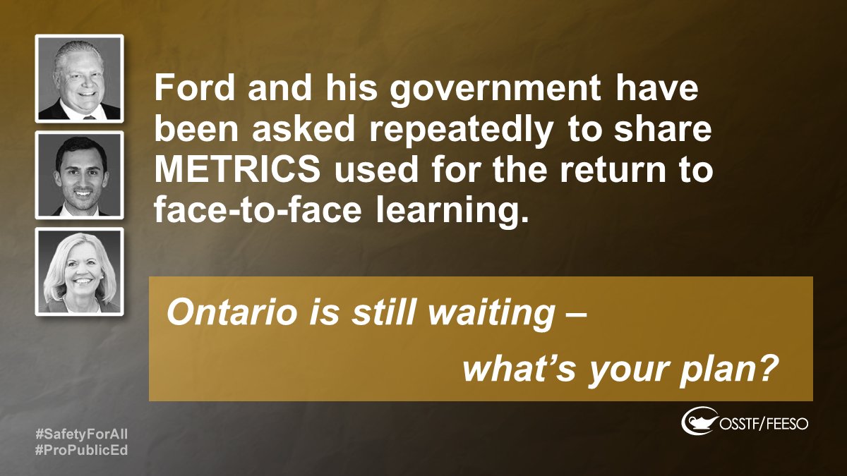 osstf's tweet photo. #SafetyForAll means using clear benchmarks in your decision making. Ford and Lecce keep telling us they are “listening to the experts” but are not able to tell us what those experts are saying.

It is hard to trust a plan when we aren't given any facts.

#OntEd #OnPoli #OSSTF https://t.co/KM4NEVGvIA