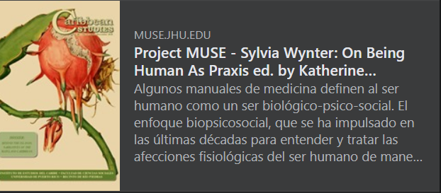 ✅Available now  #REVIEW-ESSAY OF: Sylvia Wynter: On Being Human As Praxis (Katherine McKittric ed) by Iliaris Alejandra Avilés-Ortiz from Colegio de Mayaguez UPRM 

🔗Available at: muse.jhu.edu/article/777631 
 
<a href="/WynterArchive/">Sylvia Wynter, Now</a> <a href="/ProjectMUSE/">Project MUSE</a>