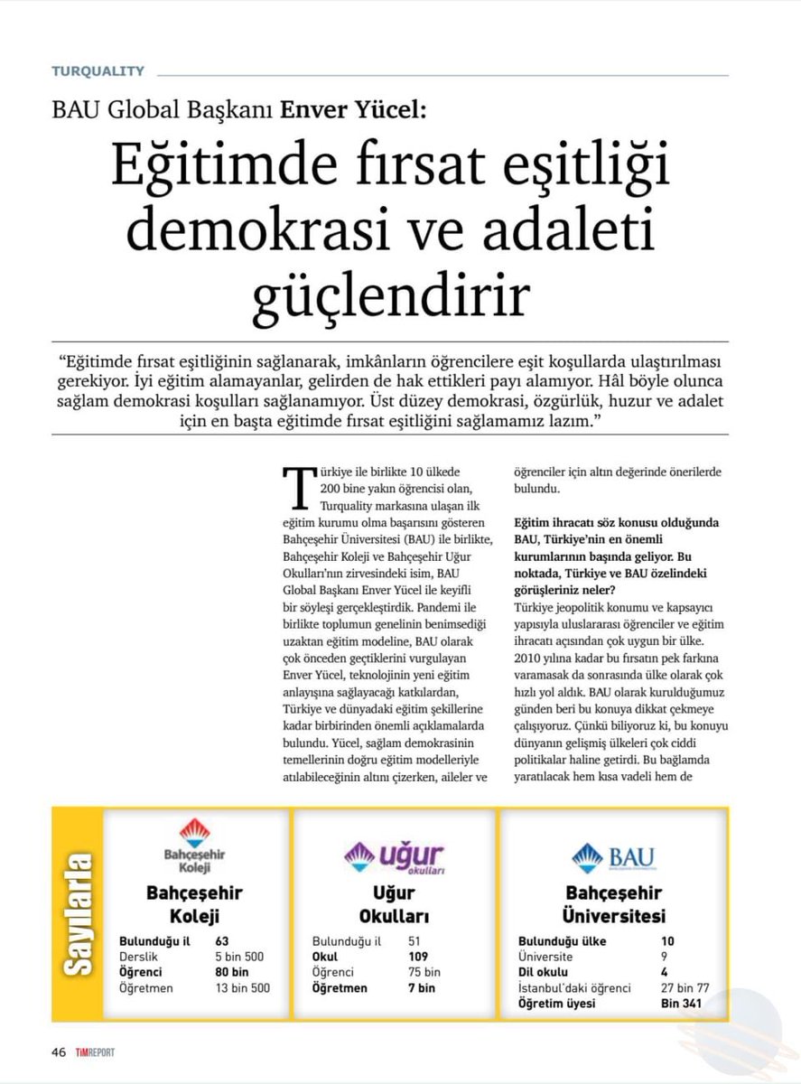 seymatanriover's tweet photo. BAU Global Başkanı Sn. @EnverYucel: 
“Eğitimde fırsat eşitliği, demokrasi ve adaleti güçlendirir...”
 #timereport 
#BahcesehirKoleji https://t.co/OvFwcDd03D