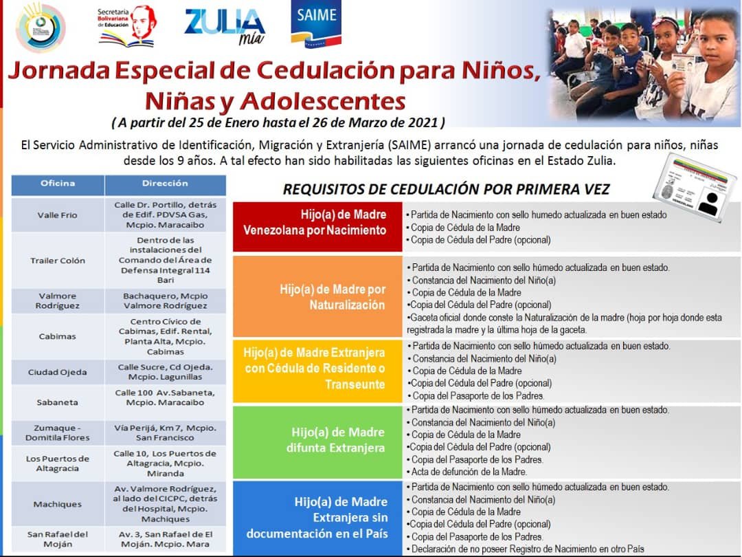 Buenos días con alegría!!! Invitamos a todos los Padres y Representantes a llevar a sus niños, niñas y adolescentes a partir de los 9 Años de Edad a la Jornada Especial de Cedulación, en las siguientes oficinas 👇👇👇 @MPPEDUCACION @OmarPrietoGob <a href="/yamilysuarez/">Yamily Suarez</a> <a href="/EducacionZEZ/">Educación Zulia</a>