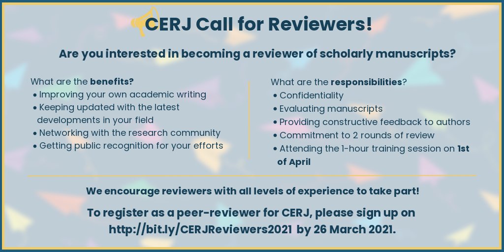 Hello! CERJ is now looking for reviewers of manuscripts for Volume 8 - sign up on bit.ly/CERJReviewers2… to register your interest.