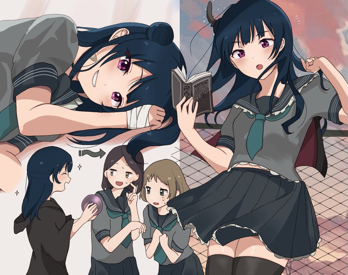 tsushima yoshiko school uniform multiple girls thighhighs blue hair book brown hair skirt  illustration images