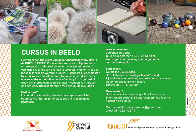 In maart starten er weer cursussen In Beeld, voor mensen met fysieke of psychische gezondheidsklachten!

Lijkt het je interessant voor jou of een ander? Neem gerust contact op! De contactgegevens staan in de folder.