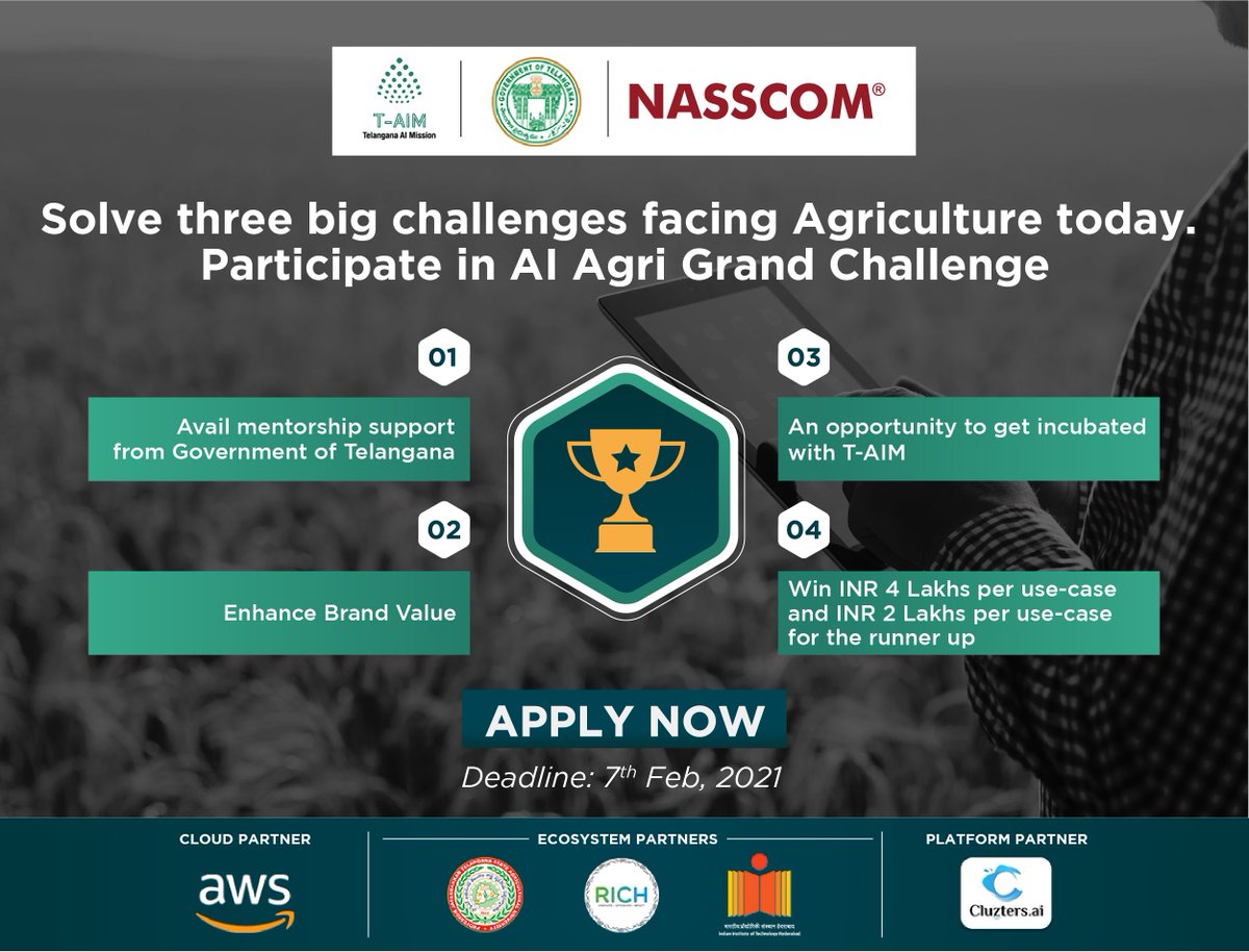 AiTelangana's tweet photo. A great opportunity to showcase your AI expertise. Sign up for Agri AI Grand Challenge and win exciting prizes. Register here: https://t.co/yhVQ2QnzV3
#Telangana #TelanganaAIMission #EmergingTechnologies #NASSCOM #Agritech #AgriAI #AWS_Cloud @jayesh_ranjan @debjani_ghosh_ https://t.co/pP3OrIc4gA