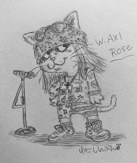 猫界のガンズアンドローゼズ?
みんな大好きアクセルローズ??
#イラスト #アナログイラスト #猫イラスト #GunsNRoses  #axlrose 
 #みんなで楽しむTwitter展覧会 