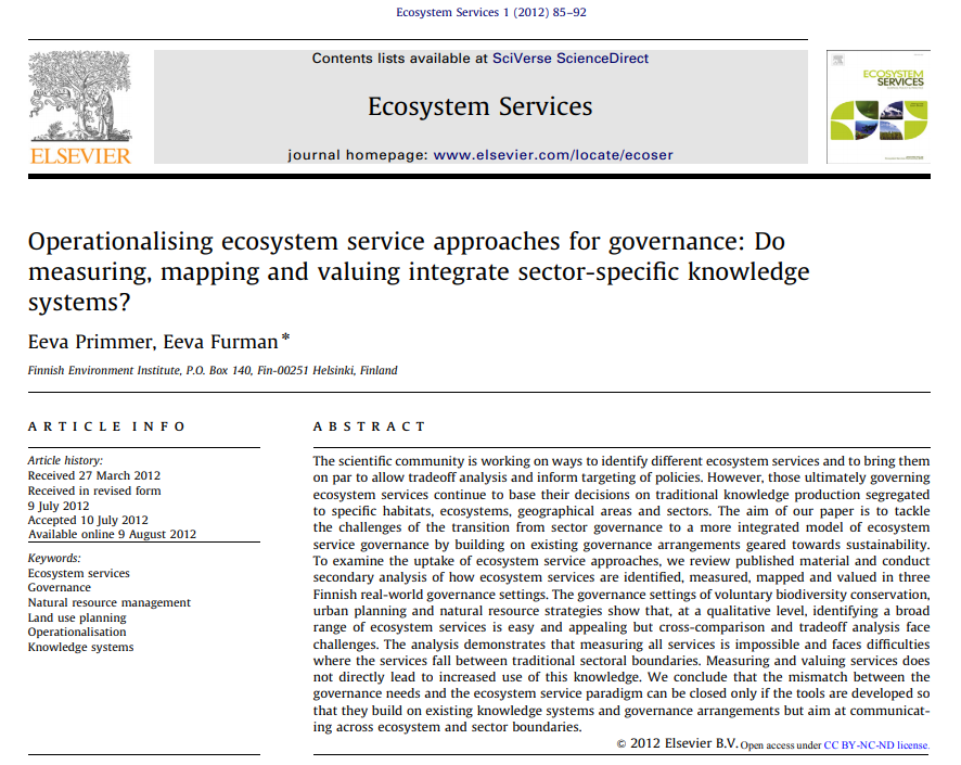 What will we do with  #biodiversity &  #ecosystemservices  #values? The transition from sector governance to a more integrated model should build on existing arrangements geared towards sustainability.  @FurmanEeva  #DasguptaReview  #EconomicsOfBiodiversity  https://doi.org/10.1016/j.ecoser.2012.07.008