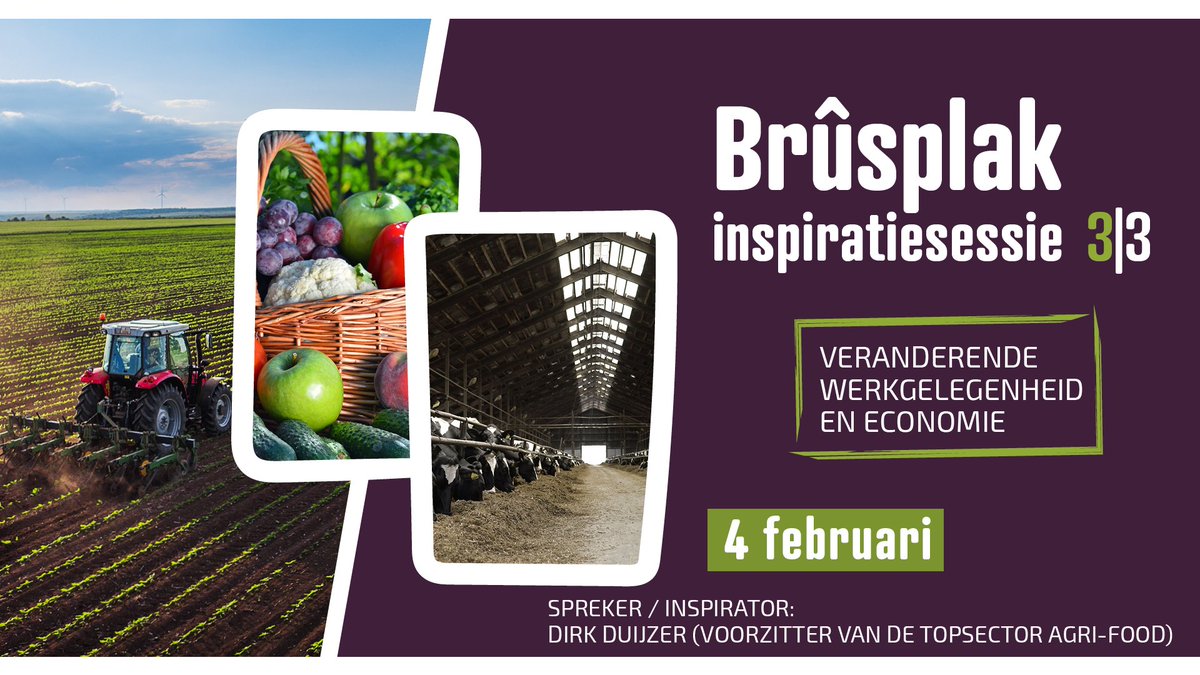 In de Brûsplak-sessies nemen we je mee naar 2030. In sessie 3 - op 4 februari - staat ‘Veranderende #werkgelegenheid en #economie’ centraal, met gastspreker Dirk Duijzer (voorzitter <a href="/TopsectorAF/">Topsector Agri&Food</a> ). <a href="/provfryslan/">Provincie Fryslân</a> <a href="/Rabobank/">Rabobank</a> bit.ly/39IlxbK #agrofood #inspiratie #landbouw