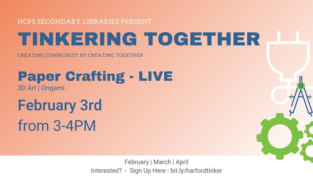 HDHSLibrary's tweet image. 🗒️✂️ Grab your supplies and join us for some paper crafting after school!!

Today at 3. Sign up at 
bit.ly/harfordtinker to get the link!
#HCPSmakes #ourhcpslibrary