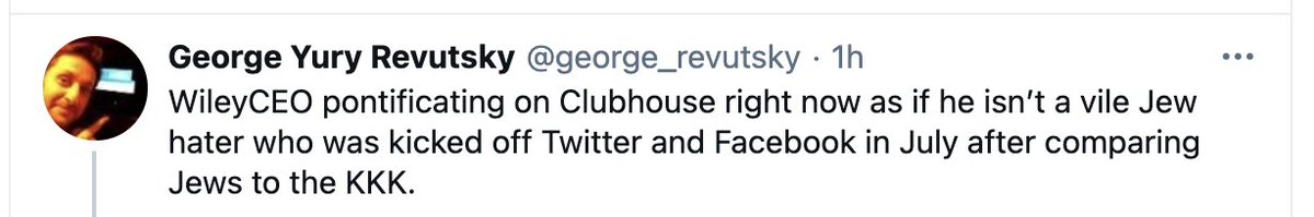 1/An interesting thing happened tonight. I was scrolling through clubhouse and found WileyCEO, Godfather of Grime (kicked off Twitter in July for antisemitic tweets) speaking. So I tweeted this (and included a screen shot, later deleted as I found out TOS don't allow it ...