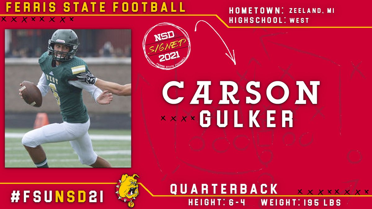 ferrisathletics's tweet image. One of the state's best, QB Carson Gulker from Zeeland West, joins the 'DAWGS! Looking forward to watching him as a Bulldog for many years to come! Congrats @CarsonGulker27 #FSUNSD21
