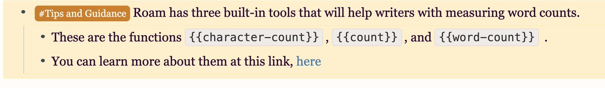 36/ This AM, diving into writing up tips + tricks for using the word + char count features in  @RoamResearch + I REALLY appreciate how writing this up solidifies my own understanding of how they work.To attempt to teach something is, first and foremost, to commit to learn it.