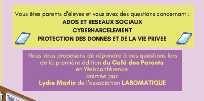 🗓⏰Mardi 09 Février à 18h⏰🗓.      Edition (numérique) du Café des Parents <a href="/CEParis19Ouest/">Cité Éducative Paris XIX Ouest</a> avec le Super <a href="/Paris/">Paris</a> Collège Famille,  les parents d'élèves pourront échanger sur la Parentalité et le Numérique... dans espace sécurisé via #PCN 
<a href="/Clg_Michelet/">Collège E. MICHELET</a> <a href="/clgGMelies/">Collège Georges Méliès</a> <a href="/MaepParis/">MAEP Paris</a>