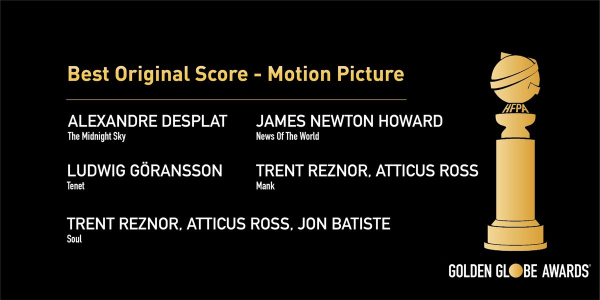 Best Original Score

Alexandre Desplat - The Midnight Sky
<a href="/ludwiggoransson/">nearr</a> - Tenet
James Newton Howard - News of the World
<a href="/trent_reznor/">unused</a>, Atticus Ross - Mank
<a href="/trent_reznor/">unused</a>, Atticus Ross, <a href="/JonBatiste/">jon batiste</a> - Soul

#GoldenGlobes