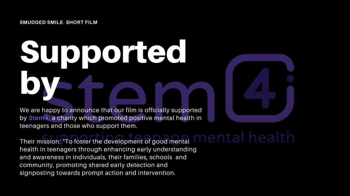 We are proud to announce that 'Smudged Smile' is supported by the amazing <a href="/stem4org/">stem4</a>. It is an incredible charity and it is great that we will able able to provide our audience with ways to get support for their mental health #mentalhealth #shortfilm #MentalHealthAwareness