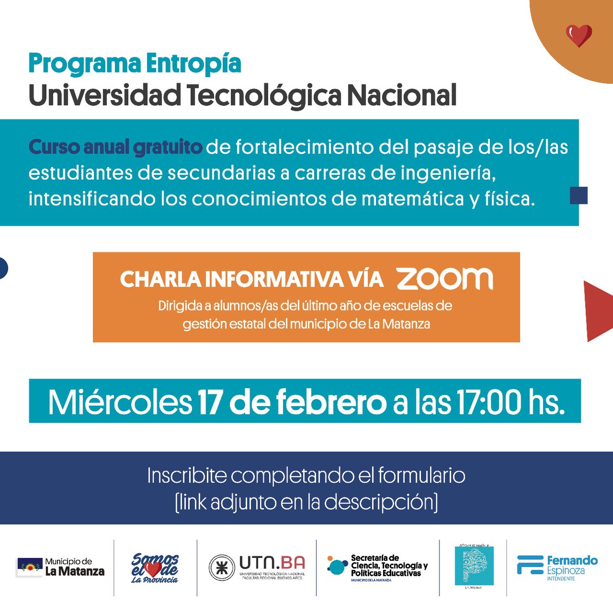 EducacionCyT's tweet photo. Invitamos a las y los estudiantes que ingresan a sexto año en escuelas de gestión estatal de #LaMatanza a la charla informativa sobre el #ProgramaEntropía
📆 Miércoles 17/2 - 17h
Inscripciones 👉 https://t.co/Vj7sGFD2Dy
😷
@ferespinozaok @silvinagvirtz @UIL #UnescoUil https://t.co/ZUbWoDyEIL