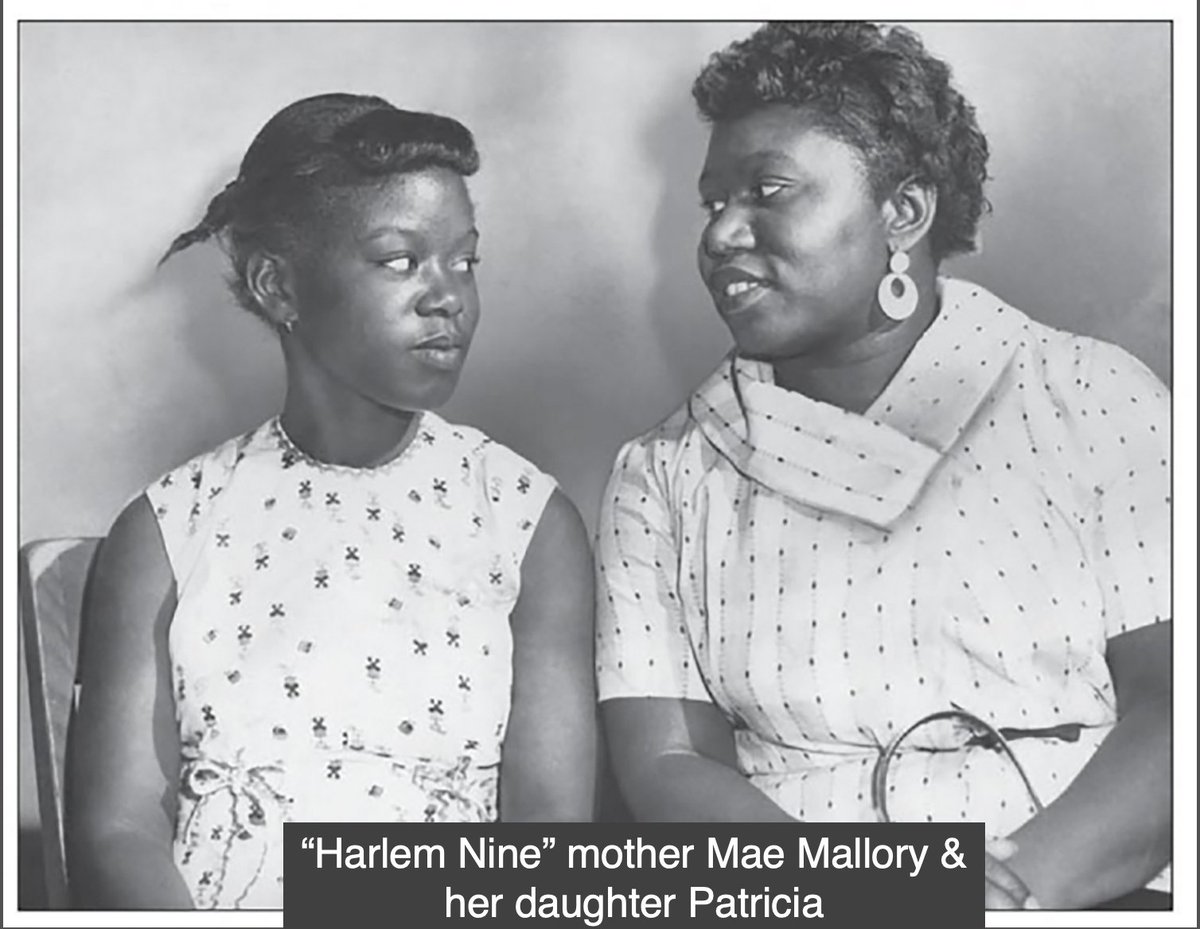 In 1957, activist Mae Mallory & lawyer Paul Zuber filed a lawsuit against the NYC Board of Ed. The suit protested how the board's zoning decisions produced segregated schools. Mallory & "Harlem Nine" mothers risked jail time to demand transfer to equal schools 3/