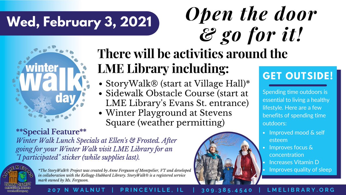 lmeteenspace's tweet photo. It's @WinterWalkDay ! Don't forget your sticker &amp; to sign the StoryWalk online guestbook, please.

https://t.co/MD5jgQWmnP

#WinterWalkDay #WWD2021 ⁠#lmelibrary #publiclibrary #princeville #illinois #library #libraryfun #libraryday #librarytime #librariesofIL #hoilibrary https://t.co/d8jtTueL7c