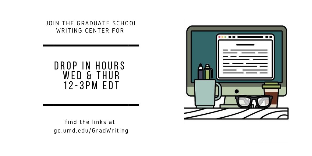 #GradTerps it's Wednesday, so that means drop in hours at <a href="/GradWritingCent/">UMD Graduate School Writing Center</a> from 12-3pm EST at umd.zoom.us/my/lindamacri  Bring your questions, drafts, applications, etc. to get feedback from our director, <a href="/lindamacri/">Linda Macri</a>