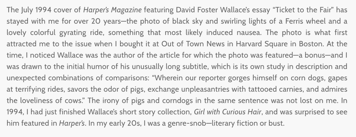 #8 on our Top Ten is Stacy Murison's delightful "​David Foster Wallace’s “Ticket to the Fair” (Assay 4.2). If you're looking for a great example of creative analysis and narrative scholarship, you'll want to look at this.  @caseystay  #davidfosterwallace  https://www.assayjournal.com/stacy-murison-david-foster-wallaces-ticket-to-the-fair.html