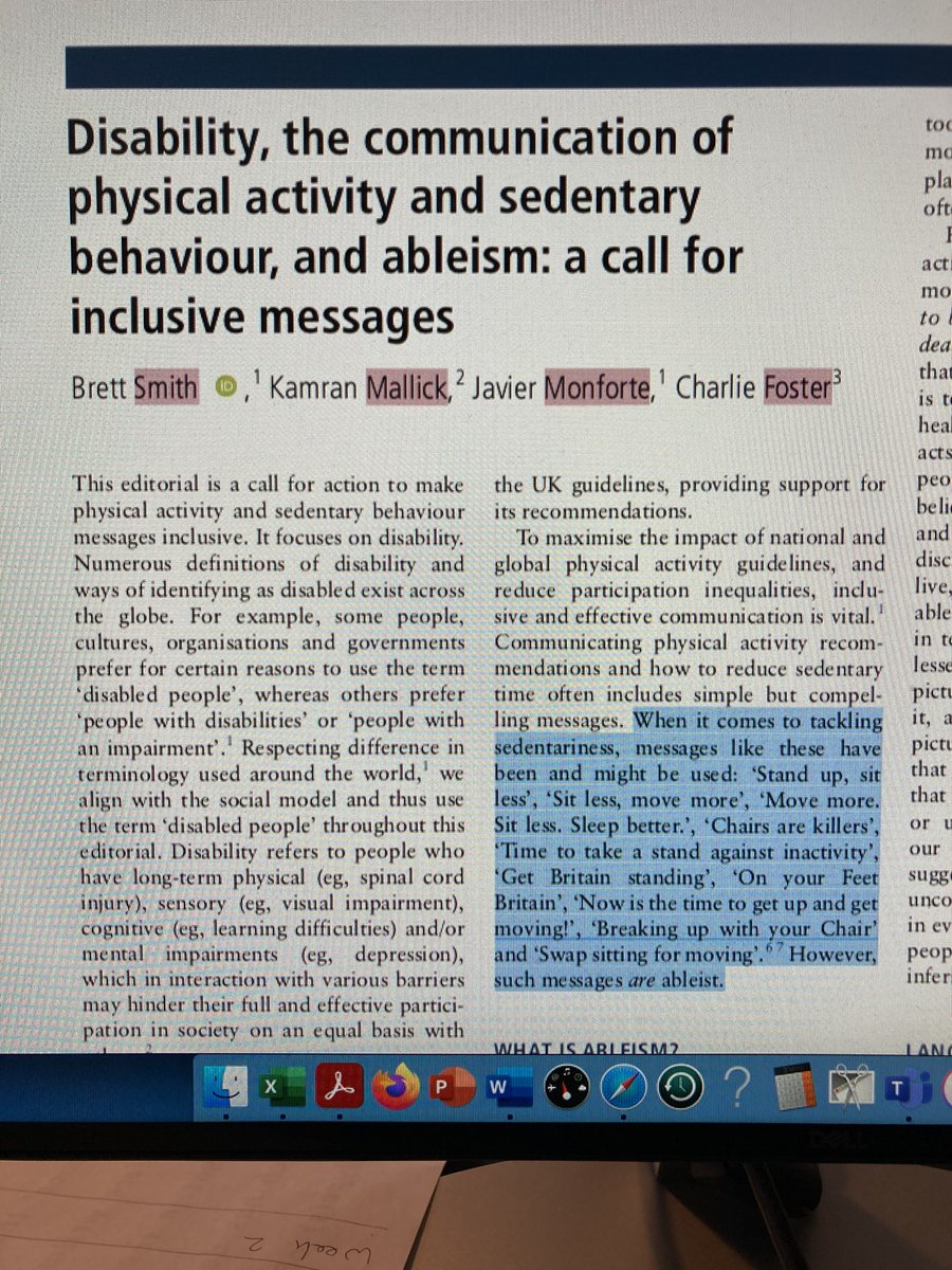 <a href="/ISPAH/">ISPAH</a> <a href="/Chlobobs_/">Chloë Williamson</a> <a href="/JennTomasone/">Jennifer Tomasone</a> <a href="/AdrianBauman/">Adrian Bauman</a> <a href="/Val_8aV/">Valentina Ochoa</a> New work in <a href="/BJSM_BMJ/">British Journal of Sports Medicine (BJSM)</a> on challenging ableism (eg Sit less, stand more) in sedentary behaviour communication and creating inclusive messages might be of interest <a href="/DisRightsUK/">Disability Rights UK</a> @Monforte92 @FosteratBristol