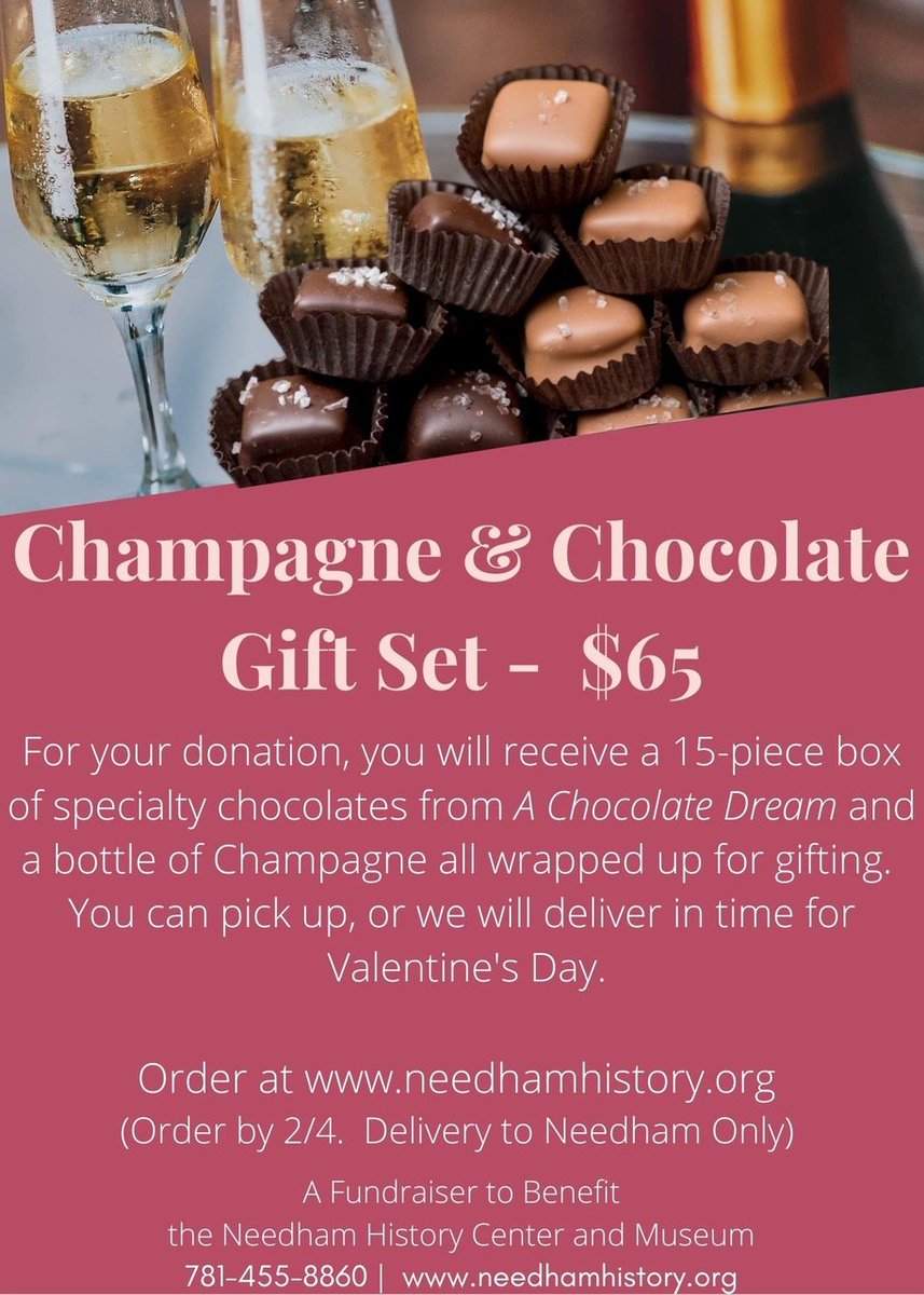 NeedhamHistory's tweet image. **Just 2 days left to order!!** Our 2021 fundraiser is socially-distanced and delicious. For your donation of $65, you will receive a champagne &amp;amp; chocolates gift set, beautifully wrapped to give, or to keep for yourself!
Deadline to donate: February 4. needhamhistory.org/cc-gift-set/