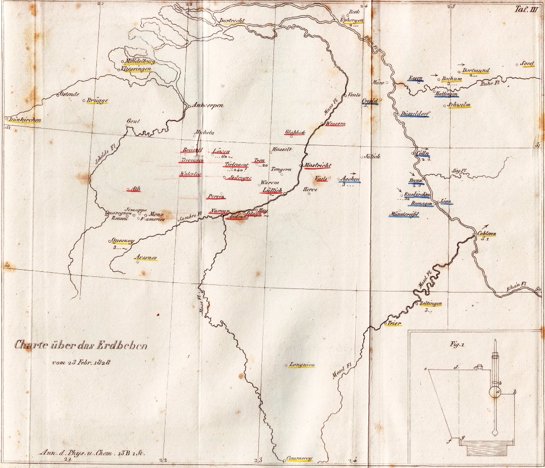 In 1828, the Prussian scientist Egen was the first scientist worldwide to present the severity of shaking in a macroseismic map using an intensity scale (going from yellow to blue to red). Egen's map of the 1828 earthquake is unique. [7/16]