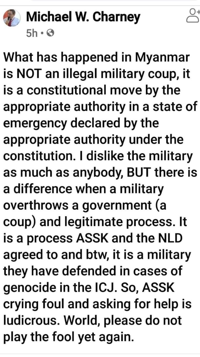 (1) The elected government may have lost its legitimacy, but you must never allow the military to annihilate what is left of the crooked timber of democracy.Hence, I consider it is a democratic duty to refute Michael W. Charney's view that legitimises  #myanmarmilitarycoup .
