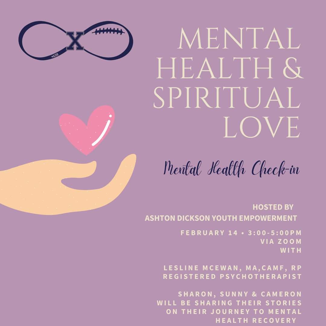AjdmFoundation's tweet photo. Mental Health &amp; Spiritual Love ❤️ 

Mental health check-in 

February 14, 2021 | 3:00-5:00PM

VIA ZOOM 

https://t.co/dRjg3OJDDv

Mental health matters.  

#ottawa #adye #mentalhealth #canada #youthempowerment https://t.co/CylwlzddnI