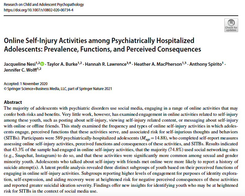 Jacqueline Nesi, PhD (@jacquelinenesi) on Twitter photo 📊 Our latest research on how teens use social media to view, post, and talk about self-injury and suicide. Thankful for collaborators <a href="/TaylorABurkePhD/">Dr. Taylor Burke</a> <a href="/HannahRLawrence/">Hannah Lawrence, PhD</a> <a href="/JenWolffPhD/">Jen Wolff, PhD</a> + twitter-less Heather MacPherson + Tony Spirito
link.springer.com/article/10.100… 📊 Our latest research on how teens use social media to view, post, and talk about self-injury and suicide. Thankful for collaborators <a href="/TaylorABurkePhD/">Dr. Taylor Burke</a> <a href="/HannahRLawrence/">Hannah Lawrence, PhD</a> <a href="/JenWolffPhD/">Jen Wolff, PhD</a> + twitter-less Heather MacPherson + Tony Spirito
link.springer.com/article/10.100…