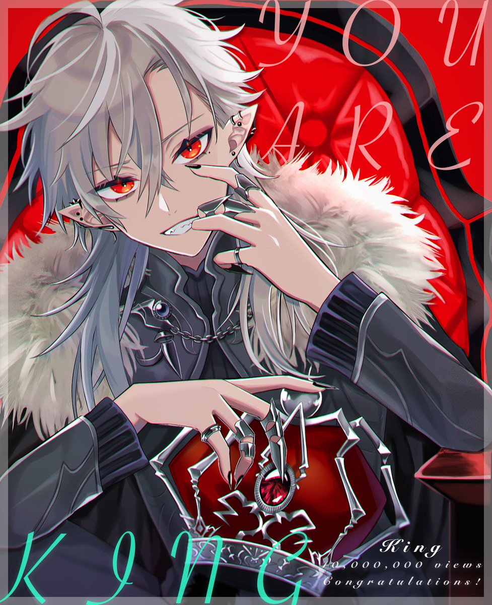 kuzuha (nijisanji) 1boy male focus red eyes pointy ears solo jewelry grey hair  illustration images