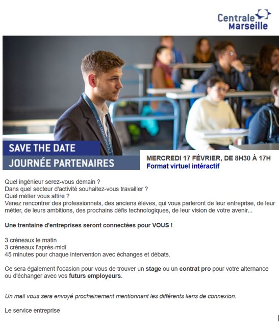 RERV_ECMars's tweet photo. Journée des Partenaires 2021
Save the Date @CentraleMars @KSIecm @_foceen https://t.co/p65NLPNReW