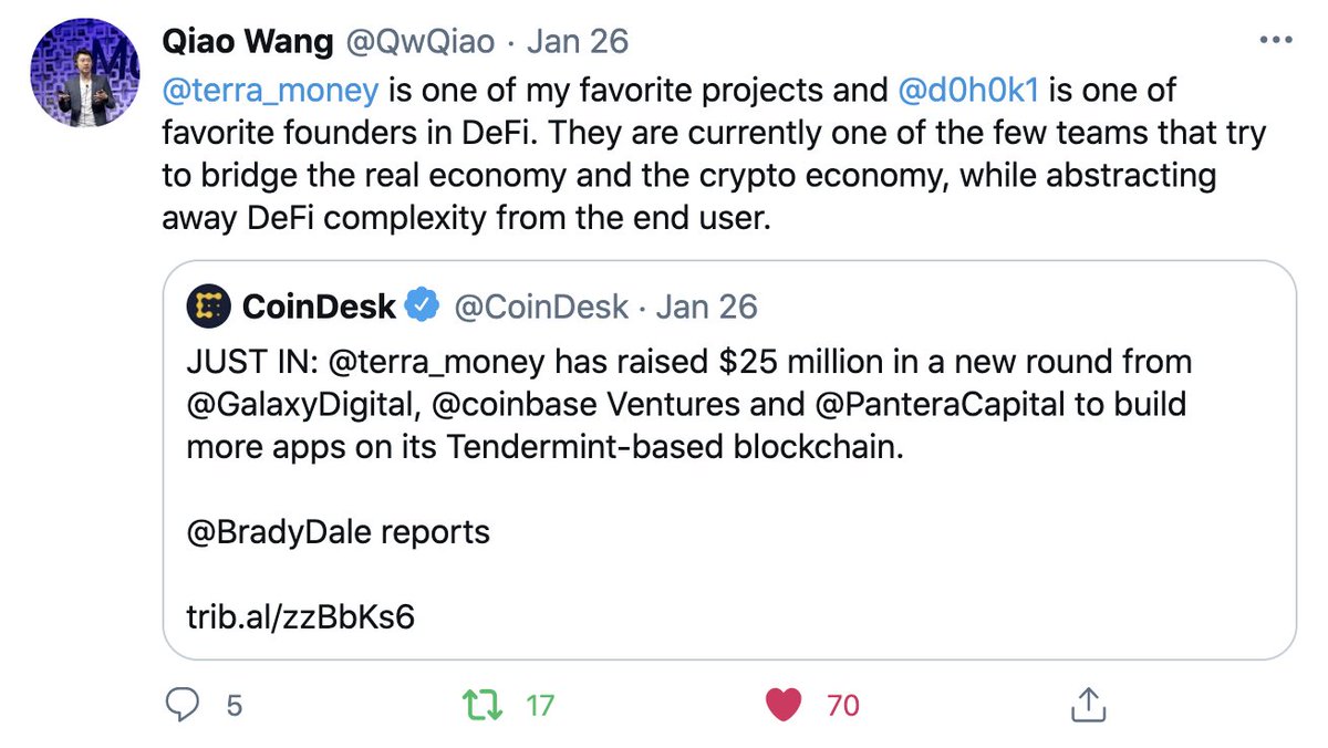 3/4Here's the FACTS:- The #1 dApp (CHAI) is built on  $LUNA- LUNA is the *3rd largest blockchain* by collected revenue- All revenue are distributed to LUNA stakers (making LUNA actually valuable)- It's growing crazy fast, meaning the *real value* of LUNA does too